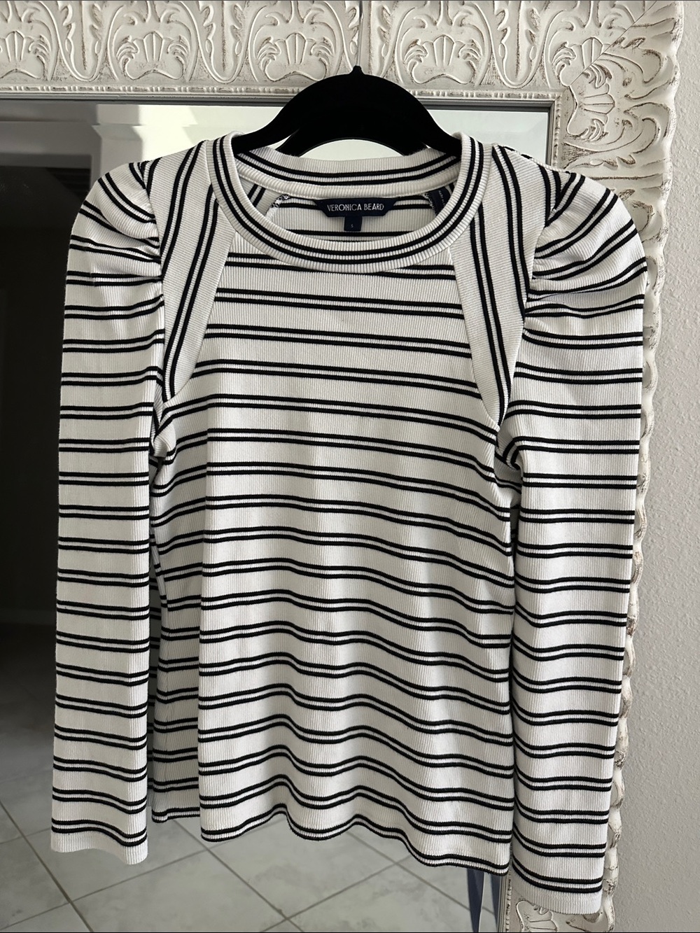 Veronica Beard Delano Black & White Striped Puff Sleeve Top